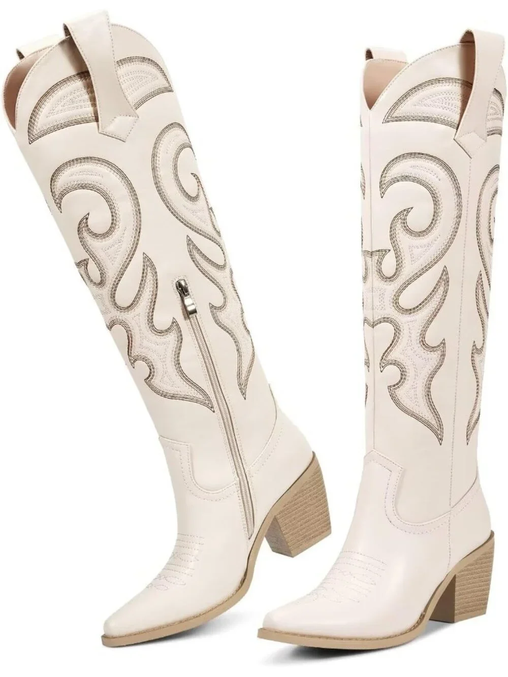 Women's beige Western Knee High Cowgirl Boots Zipper Convenience Casual Wear